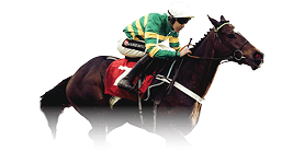 A Jockey wearing a green and yellow jersey and a black helmet riding a brown coloured horse